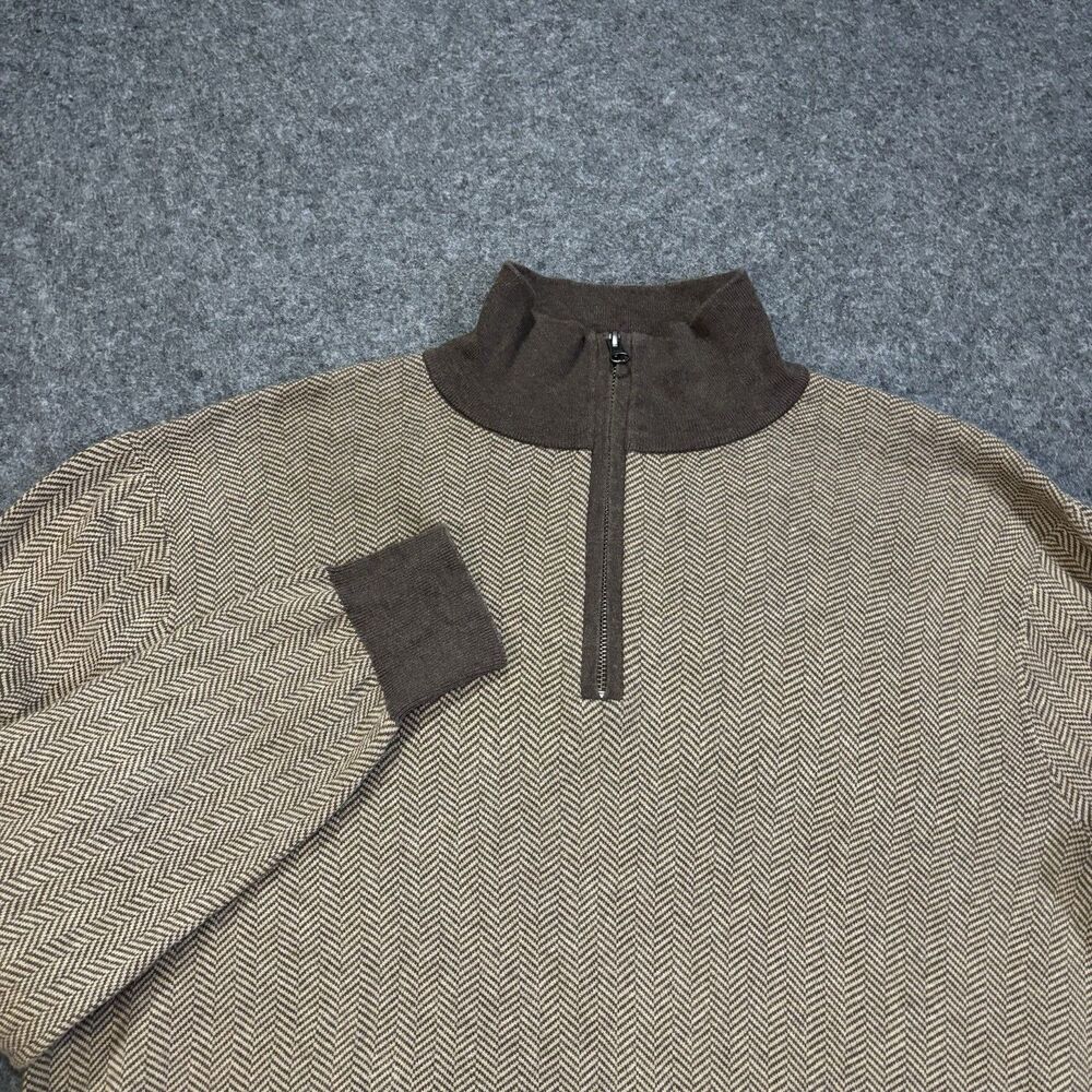 J Crew  Herringbone 1/4 Zip Sweater Men’s L Long Sleeve Cotton Brown